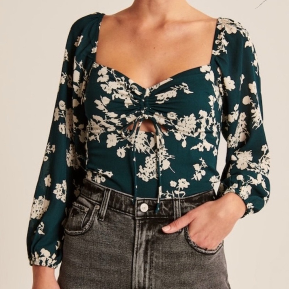 Abercrombie & Fitch phthalo green Long Sleeve Cinched Floral Blouse XS NWT